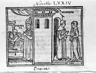Arcykapłan Florencji zaskoczył eveque, gdy spotkał kobietę, którą kocha. Ilustracja do wiadomości 74 (Nowa 4 dnia ósmego) „Dekameronu” autorstwa Giovanniego Boccaccio dit Jean Boccaccio (1313-1375), włoskiego pisarza. Grawerowanie w „”Dekameronie o autorstwa Italian School