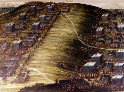 Bitwa pod Białą Górą (wojna trzydziestoletnia) w dniu 8 listopada 1620 r. między Czechami a cesarską armią Habsburgów. Farba olejna. Rzym, Zakrystia Kościoła Świętego Burmistrza Zwycięstwa. autorstwa Italian School