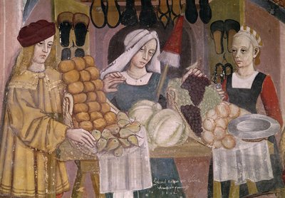 Stoisko sprzedawców owoców, fragment z targu owoców i warzyw (fresk) autorstwa Italian School