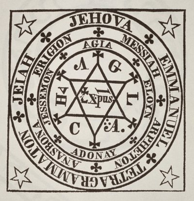 Wielki Magiczny Krąg Agryppy dla Przywołania Demonów, kopia ilustracji z Les Oeuvres Magiques de Henri Corneille Agrippa, Rzym 1744, wykorzystana w Historii magii, opublikowanej pod koniec XIX wieku autorstwa Italian School