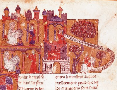 Grecki filozof Arystoteles (383-322 pne) uczy swoich uczniów moralności i pogardy dla kobiet (mysoginia) Miniatura z włoskiego rękopisu z XIV wieku. Bibliotheque Inguimbertine Municipal de Carpentras. autorstwa Italian School