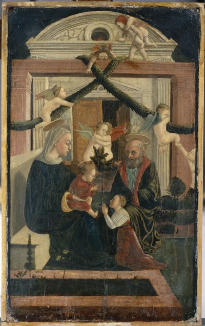 Święta Rodzina z darczyńcą w modlitwie i zabawie aniołów, ok. 1460 (tempera na drewnie sosnowym) autorstwa Italian School