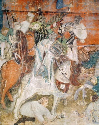 Miesiąc luty, fragment rycerza na turnieju, ok. 1400 (fresk) autorstwa Italian School