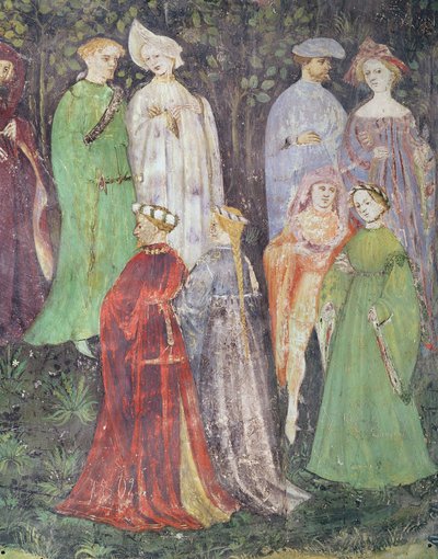 Miesiąc czerwiec, fragment spacerujących szlachciców i kobiet, ok. 1400 (fresk) autorstwa Italian School