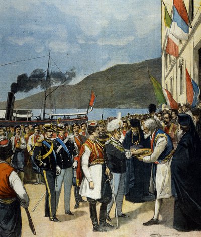 Książę Neapolu – ówczesny Wiktor Emanuel III (Victor-Emmanuel) (Vittorio Emanuele) – otrzymuje w Rijece, zgodnie z tradycją, chleb i sól od rodziny Helene de Montenegro. autorstwa Italian School