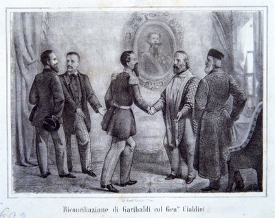Pojednanie Garibaldiego z generałem Cialdinim, ilustracja z Historii Włoch autorstwa Italian School