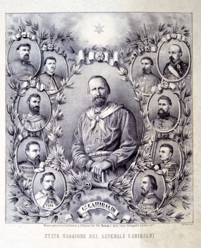 Sztab generała Garibaldiego, ilustracja z Historii Włoch autorstwa Italian School