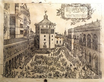 Święto Byka na Wielkim Placu Cremone (Cremona) we Włoszech. Rycina XVI-wiecznej Cremony, Museo Civico Italy autorstwa Italian School