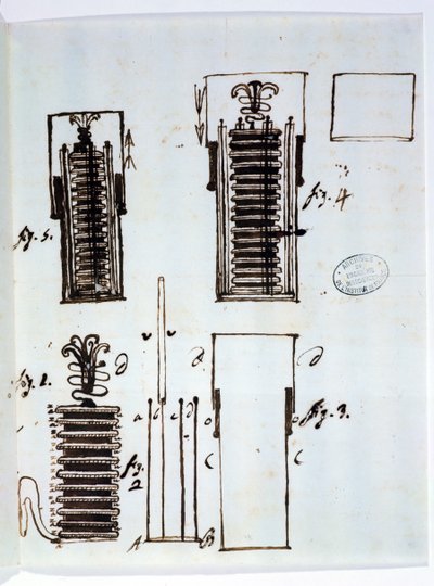 Stos Voltaic (akumulator). Rysunek z listu Alessandro Volty (1745-1827) do Dieudonne Dolomieu (1750-1801) o galwanizmie, 1801 (pióro i atrament na papierze) autorstwa Italian School