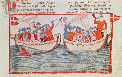 Bitwa pod Melorią, miniatura z New Chronicles autorstwa Giovanniego Villaniego, Włochy XIV wiek. autorstwa Italian School