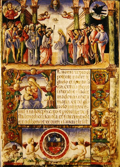 Zaręczyny Dziewicy z Mariegoli ze świeckiego cechu św. Józefa i św. Sylwestra, 1315 (tusz na welinie) autorstwa Italian School