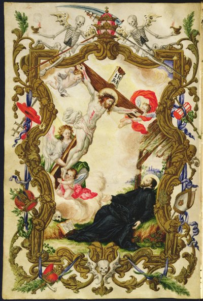 Śmierć zakonnika, z Mariegoli ze świeckiego cechu Buona Morte, ok. 1712-14 (atrament na welinie) autorstwa Italian School