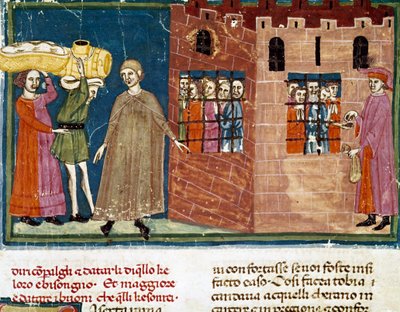 Dystrybucja posiłków więźniom Miniatura szkoły florenckiej zaczerpnięta z rozszerzenia „Pater noster” Ser Zucchero Bencivenniego (MS.II.VI 16) początek XIV wieku Florencja, biblioteka narodowa autorstwa Italian School