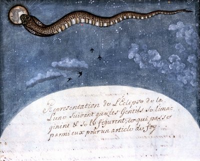 Zaćmienie księżyca wyobrażone przez Indian Mogol (wąż pożerający księżyc) Strona zaczerpnięta z rękopisu (ms.8300) „Historia Mogol” (Moghul lub Moghol) autorstwa Stefano Nivibus Cardeira. 18 wiek. Bibloteca marciana, Wenecja autorstwa Italian School
