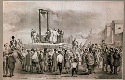 Egzekucja 13.03.1858 Felice Orsini (1819 - 1858) i Pieri, którzy dokonali ataku 14 stycznia 1858 na Napoleona III na Place de la Roquette w Paryżu Litografia z końca XIX wieku. Mediolan Museo del Risorgimento autorstwa Italian School
