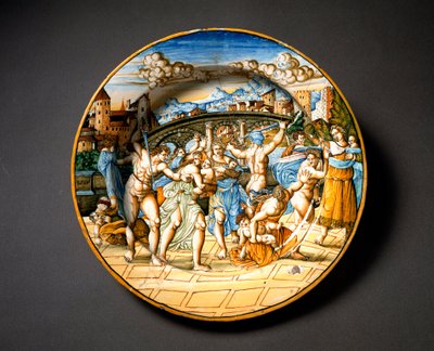Masakra niewinnych. Talerz ceramiczny wyprodukowany w Urbino w warsztacie Fontana we Włoszech. 1566 wokół Florencji, Museo Nazionale del Bargello autorstwa Italian School
