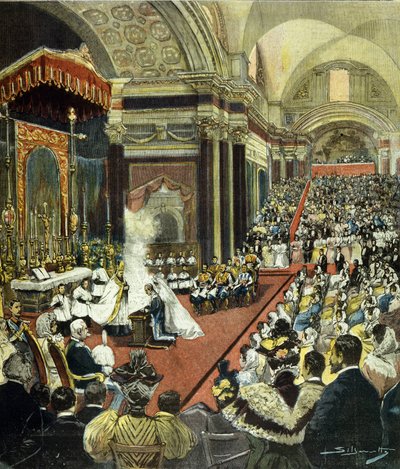 Ślub religijny tego, który zostanie królem Wiktorem Emanuelem III (Victor-Emmanuel) (Vittorio Emanuele) z księżniczką Heleną Czarnogórską w kościele Santa Maria degli Angeli w Rzymie w 1896 roku. autorstwa Italian School