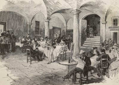 Pasażerowie trzeciej klasy i pasażerowie pierwszej klasy poddani kwarantannie, dezynfekcja bagażu, zamek Quarcino, na granicy ze Szwajcarią, epidemia cholery, Włochy, rycina Mancastropy z rysunku Bonamore, z L
