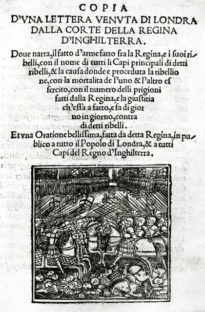 Strona tytułowa kopii listu wysłanego z dworu królowej Anglii (drzeworyt i typografia) autorstwa Italian School