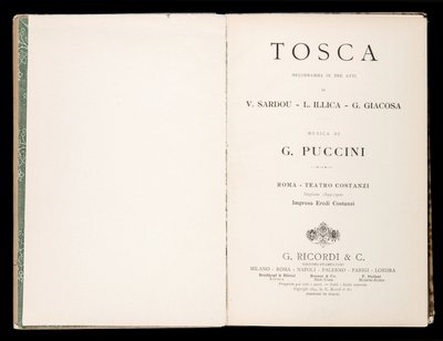 Strona tytułowa, Libretto della Tosca, Giacomo Puccini, wydanie Ricordi, Włochy autorstwa Italian School