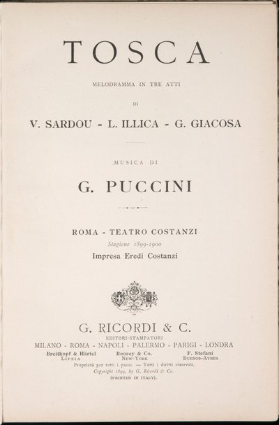 Strona tytułowa, Libretto della Tosca, Giacomo Puccini, wydanie Ricordi, Włochy autorstwa Italian School