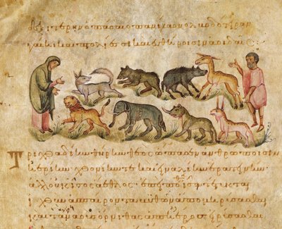 Traktat o wielu gatunkach zwierząt zamieszkujących ziemię, ilustracja z Cynegetyki autorstwa Oppiana (tempera na welinie) autorstwa Italian School