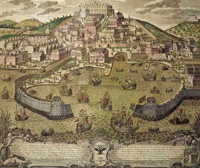 Triest miasto i jego wolny port, kolorowy grawer, Włochy autorstwa Italian School
