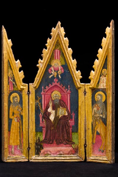 Tryptyk: Święty Antoni Opat na tronie, Święty Paweł Pustelnik i Święty Onofriusz, połowa XIV wieku (tempera na panelu) autorstwa Italian School