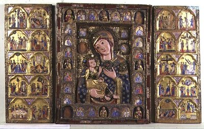 Tryptyk Madonna z Dzieciątkiem z Ewangelistami, Prorokami i scenami z życia Chrystusa (drewno, srebrny filigran i emalia) autorstwa Italian School