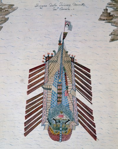 Trirema (statek z trzema rzędami wioseł), z traktatu o milicji morskiej, nad Kanałem Cristoforo (1510-1562), Włochy autorstwa Italian School