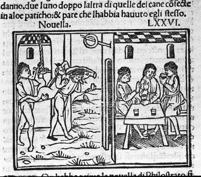 Dwóch mężczyzn niosących świnię na ramieniu. Ilustracja do wiadomości 76 (Nowa szósta dnia ósmego) „Dekameronu” autorstwa Giovanniego Boccaccio dit Jean Boccaccio (1313-1375), włoskiego pisarza. Grawerowanie w „”Dekamerone ouer Cento nouelle””Wenecja, Bart autorstwa Italian School