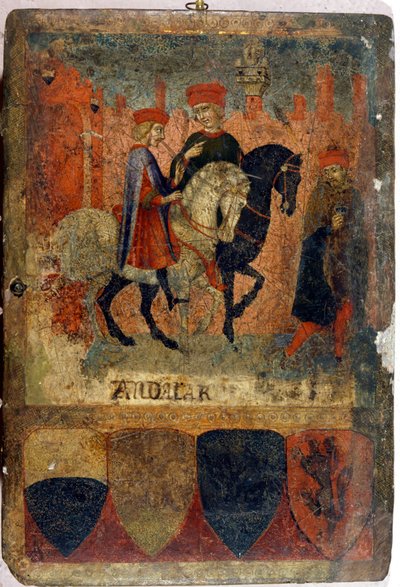 Dwóch inspektorów podatkowych. Biccherna (okładka księgi rachunkowej miasta Siena). Archiwum Narodowe - Museo delle Tavolette de Bicherna, Siena. Koniec XIV - początek XV wieku. autorstwa Italian School