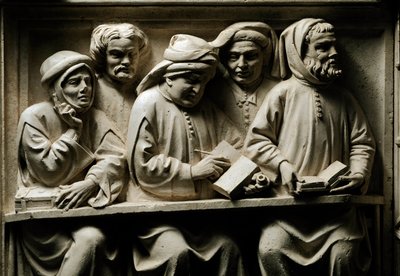 Nauczanie uniwersyteckie: studenci Szczegół. Płaskorzeźba z polichromowanego kamienia z grobowca Lorenzo del Pino, prawnika i wykładowcy prawa Uniwersytetu Bolońskiego, wykonana przez warsztat Dalle Masegne (koniec XIV wieku). ok. 1395 D autorstwa Italian School
