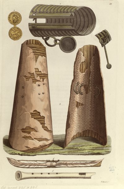 Różne artefakty Wikingów: brązowa bransoleta, złoty medal z runicznym alfabetem, tarcze, flety. Ilustracja V. Raineri z 