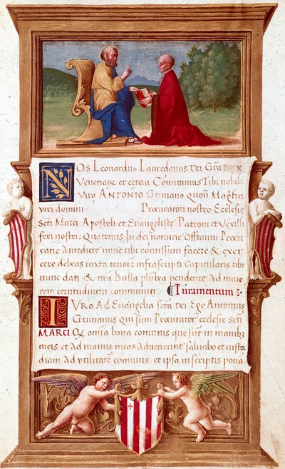 Wenecja: Komisja doży Antonio Grimani (1434-1523), prokuratora San Marco (św. Marka) Strona rękopisu z XVI wieku. Wenecja, Museo Correr autorstwa Italian School