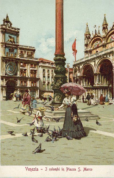 Wenecja, Włochy, Kolumny na Piazza San Marco (kolorowa litografia) autorstwa Italian School