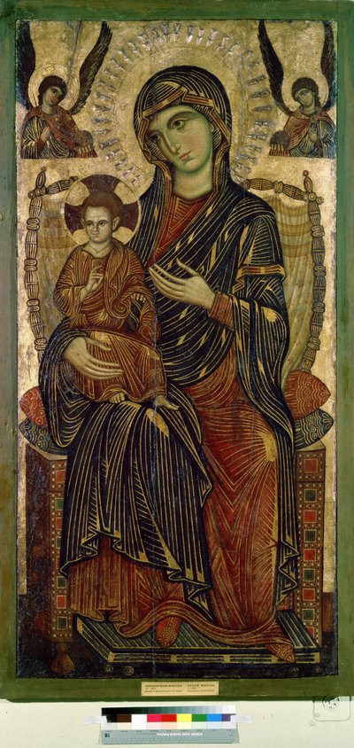 „Dziewica z Dzieciątkiem na tronie” (intronizująca Dziewica z Dzieciątkiem) Aureola Jezusa Chrystusa jest oznaczona krzyżem. Anonimowy obraz artysty z Pizy. Tempera na drewnie. około 1280 Muzeum Puszkina, Moskwa autorstwa Italian School
