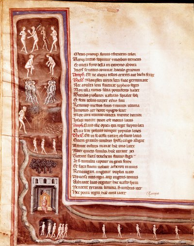 Widok na Zaświaty, postacie i potwory, dusze wędrujące w kręgach podziemi, ilustracja do Herkulesa Wściekłego Seneque (Miniatura autorstwa Italian School