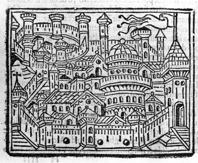Widok na miasto Aosta we Włoszech. Grawer w „Dodatku do kroniki” autorstwa Fra Jacopo Filippo Foresti, Wenecja autorstwa Italian School