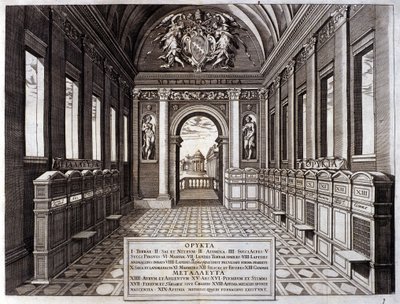 Widok na muzeum Michele Mercati (1541-1595), zarządcy Watykańskiego Ogrodu Botanicznego. Grawerowanie z „”Metallotheca...” Rzym 1717 - 1719 autorstwa Italian School