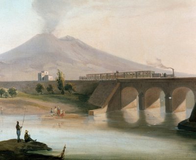 Widok linii kolejowej między Torre Annunziata i Nocera w rejonie Neapolu, zainaugurowanej w 1844 roku, w tle widoczny Vesuve (Widok linii kolejowej między Torre Annunziata i Nocera pod Neapolem) - Obraz z XIX-wiecznego Museo Nazio autorstwa Italian School