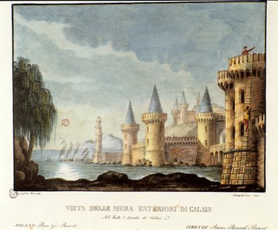 „Widok na mury obronne Calais w 1347 roku podczas wojny stuletniej”, scenografia do opery „Assedio di Calais” (Oblężenie Calais) Gaetano Donizettiego autorstwa Italian School