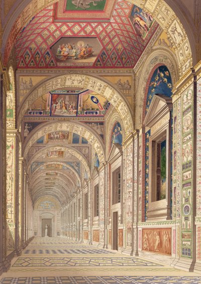 Widok loggii II piętra w Watykanie, z dekoracją Rafaela, z Delle Loggie di Rafaele nel Vaticano, wydana jako listek luźny w wydaniu z 1814 r. (rycina ręcznie kolorowana) autorstwa Italian School