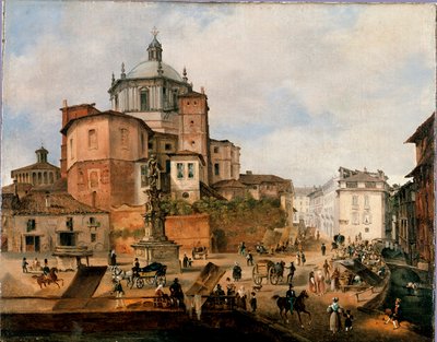 Widok na plac Vetra i absydę Bazyliki San Lorenzo Obraz Anonimowy. Koniec XIX wieku. Mediolan, Muzeum w Mediolanie autorstwa Italian School