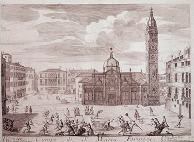 Widok na plac kościoła Santa Maria Formosa a Wenecja Rycina z „Teatru di Venezia” XVIII-wieczna Wenecja, Museo Correr autorstwa Italian School