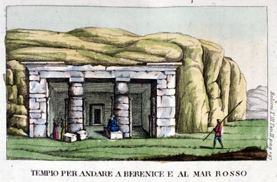 Widok na świątynię leżącą w drodze do dzisiejszej Berenice do Bengazi i nad Morze Czerwone. Autor, Giovanni Battista (Gianbattista) Belzoni (1778-1823), jest włoskim odkrywcą i archeologiem, który dokonał ważnych odkryć archeologicznych w Egipcie. Grawerow autorstwa Italian School