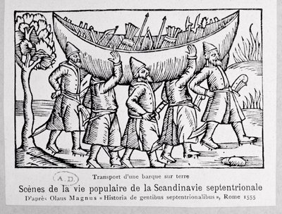 Wikingowie niosący łódź do Rosji, ilustracja z Historii narodów północnych autorstwa Olausa Magnusa (1490-1558), opublikowana w Rzymie, 1555 autorstwa Italian School