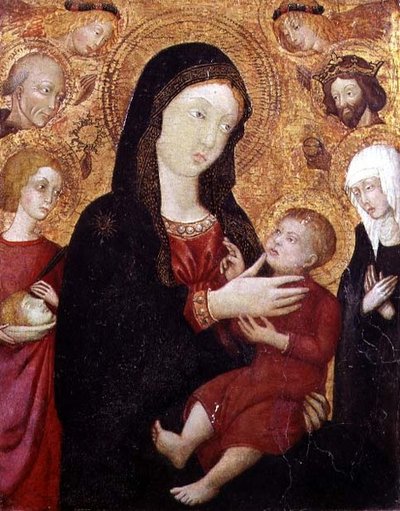 Dziewica z Dzieciątkiem ze S. Bernadino, Zygmuntem, Klarą i Crescentius, 2. poł. XV w. (tempera na desce) autorstwa Italian School
