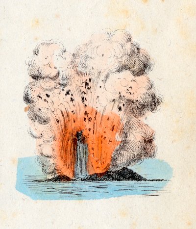 Wybuch wulkanu Wysp Liparyjskich, z wysokim wytryskiem lawy, któremu towarzyszyła eksplozja z dużą ilością gazu i popiołu, Litografia Corbetta, Mediolan autorstwa Italian School
