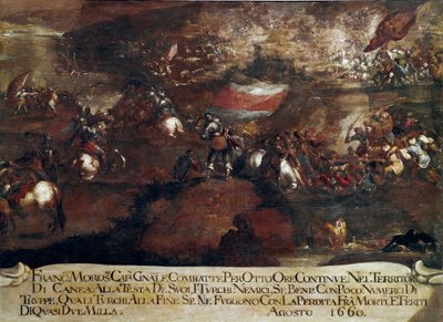 Wojna o Candia (Kreta): „”Bitwa o Chanię prowadzona przez Francesco Morosiniego (1619-1694) w sierpniu 1660” (Wojna kreteńska (1645-69): szturm na Caneę pod dowództwem Francesco Morosiniego w sierpniu 1660) Szkoła wenecka autorstwa Italian School